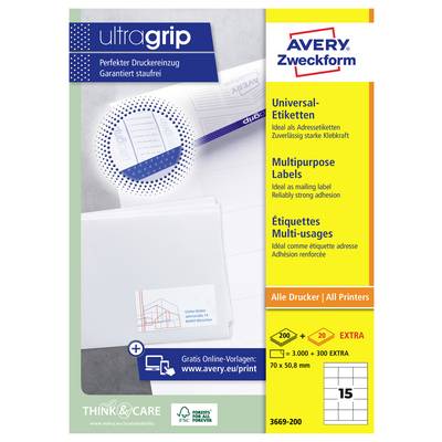 Avery Zweckform 'ultragrip' universele etiketten verpakking met weergave van printervoeding en blanco etiketbladen, met productdetails en afmeting 70 x 50,8 mm.