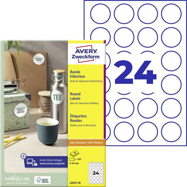 Avery-Zweckform L3415-10 Universele etiketten Ø 40 mm Papier Wit 240 stuk(s) Permanent hechtend Laser (zwart/wit), Laser (kleur)