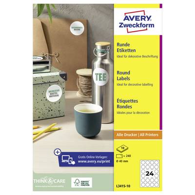 Avery Zweckform ronde etiketten verpakking met 24 witte 40 mm etiketten, geschikt voor decoratieve etikettering en alle printers.