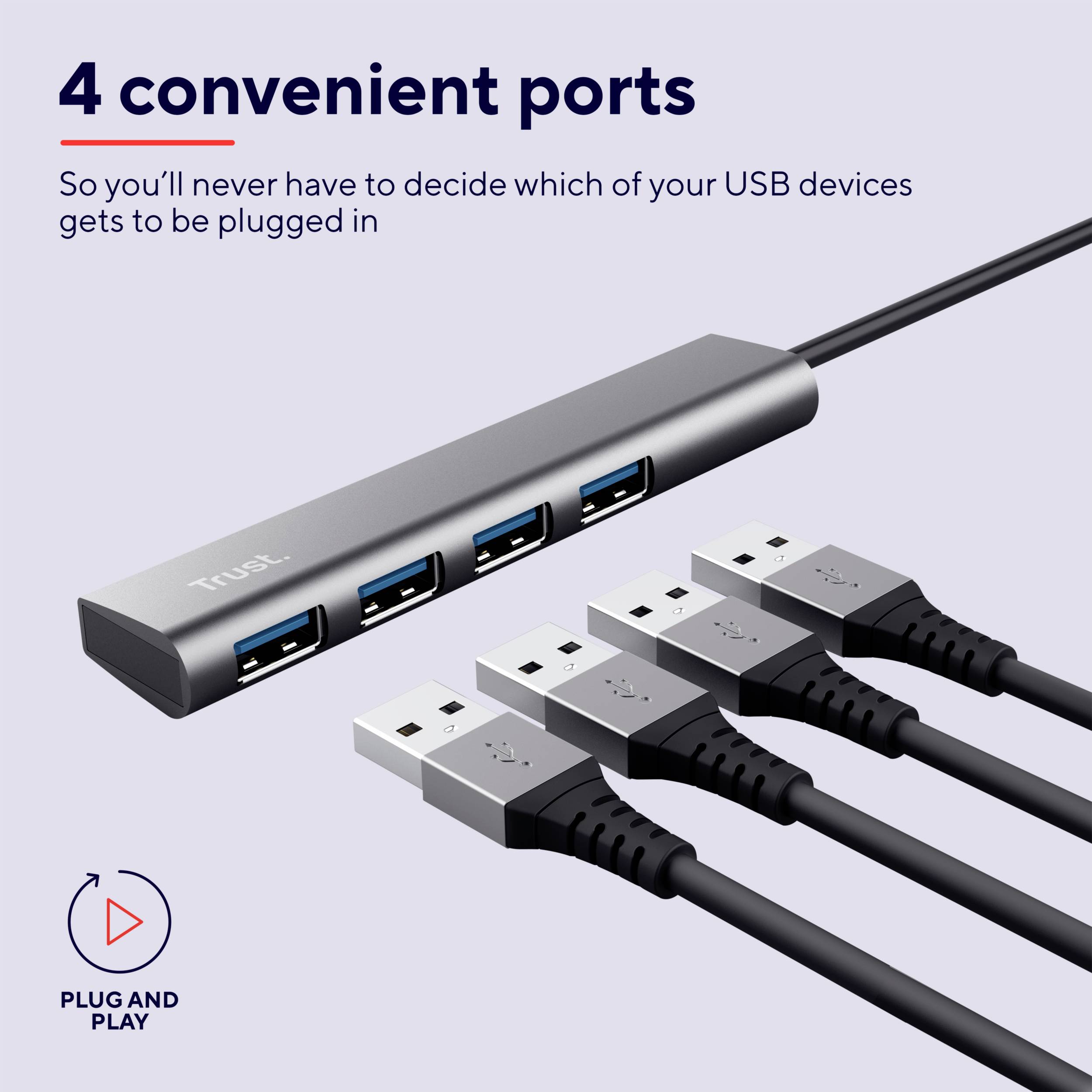 Een USB-hub met vier aansluitingen, waarop USB-apparaten zijn aangesloten. Tekst bovenaan: '4 handige poorten'. Tekst onderaan: 'Plug and Play'.
