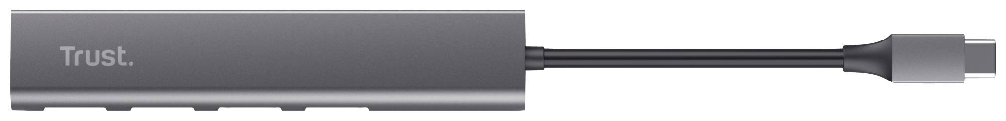 Een grijze 'Trust' USB-C-adapter met meerdere poorten, waaronder HDMI en USB-aansluitingen, geschikt voor laptops en tablets.