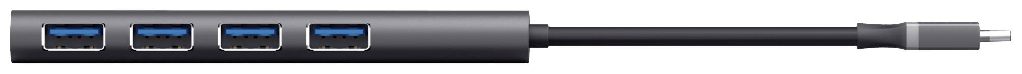 USB-C-hub met vier USB-3.0-poorten. Zwarte behuizing.
