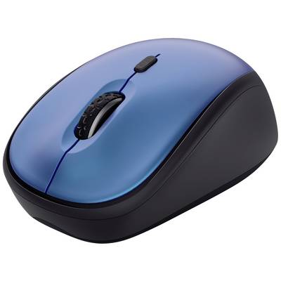 Een draadloze, compacte computermuis in blauw en zwart met scrollwiel en twee knoppen, geschikt voor laptops en desktopcomputers.