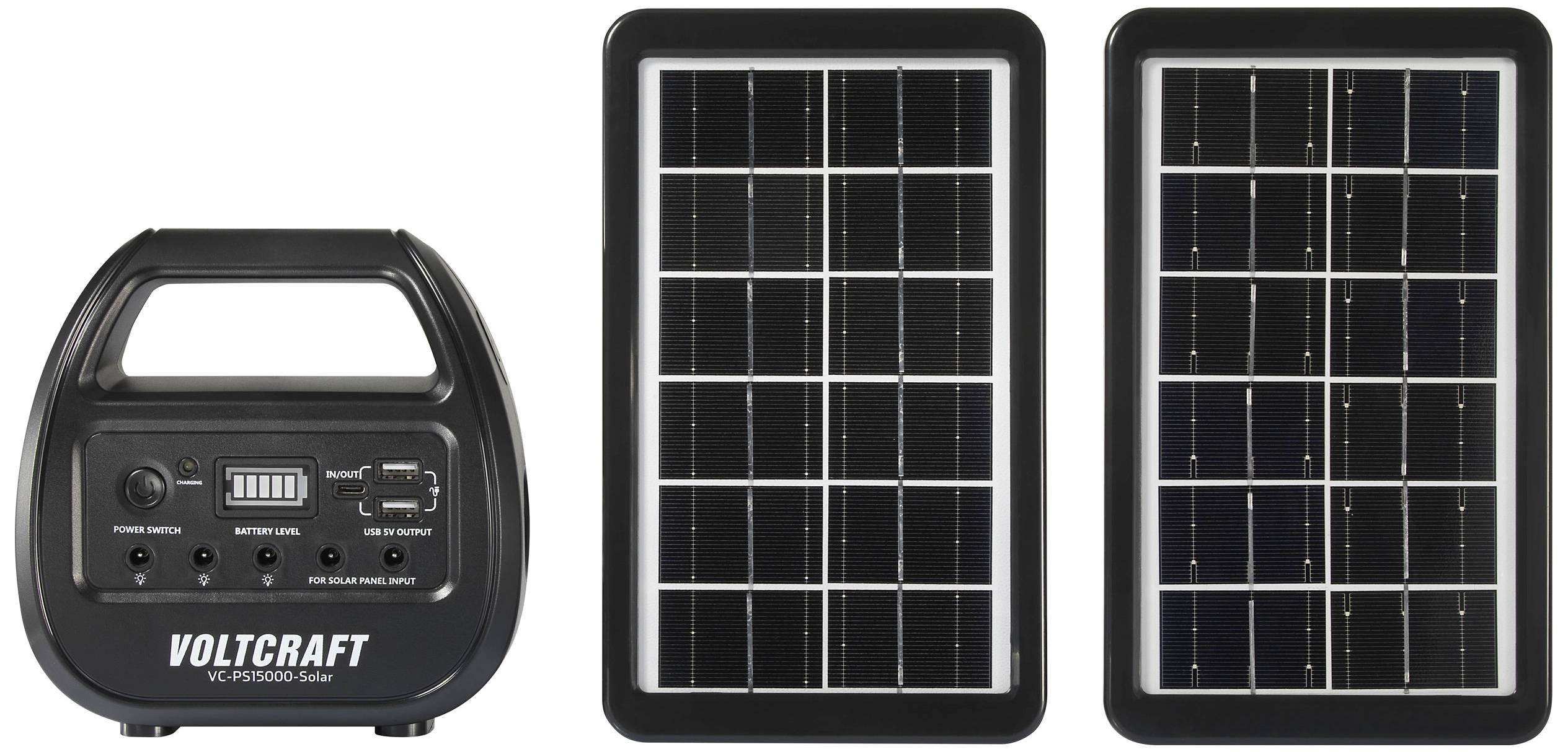 Zonne-energie oplader met twee rechthoekige zonnepanelen en een besturingsapparaat. Het besturingsapparaat toont aansluitingen en een schakelaar.