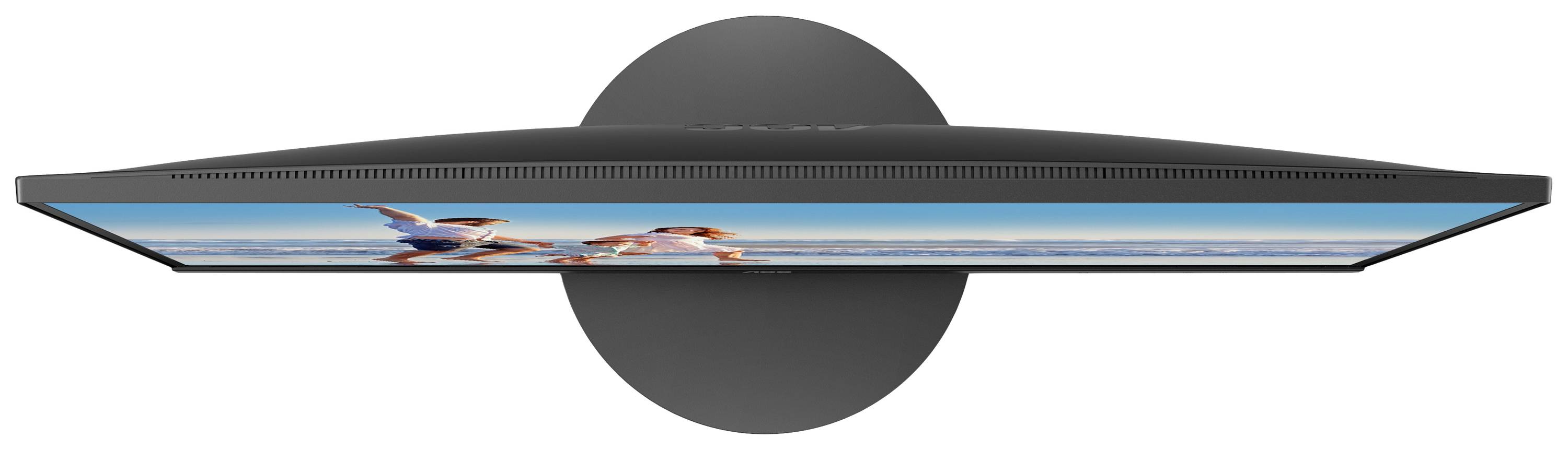 Een moderne, platte monitor met een dun frame toont een strand met twee personen. Bovenaanzicht.