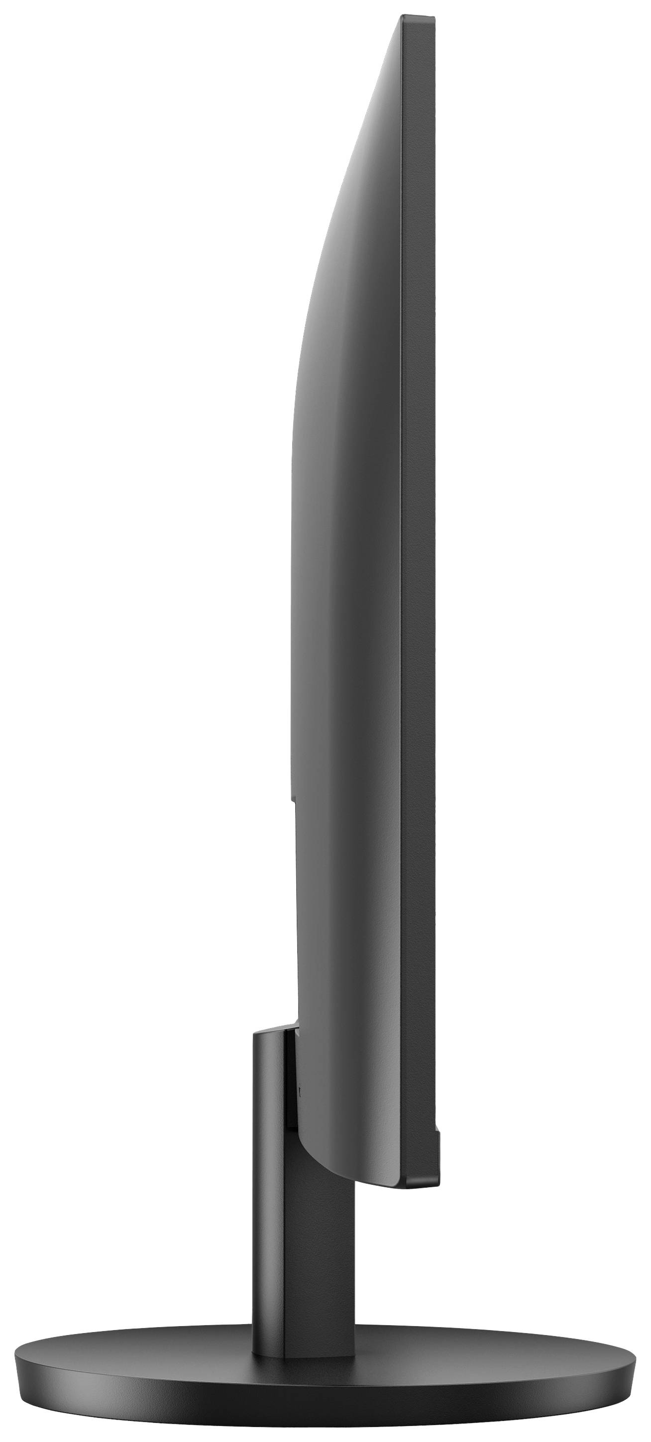 Zijaanzicht van een zwarte, slanke computerscherm op een ronde voet.