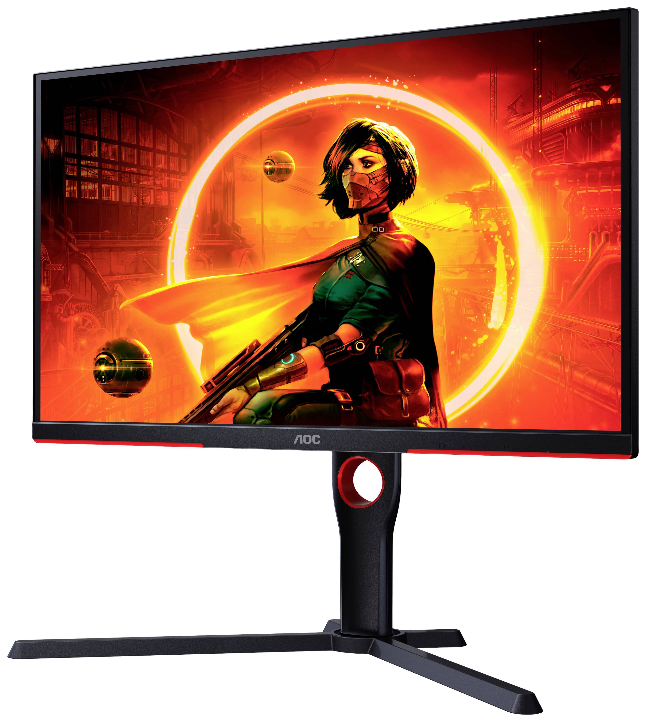 Monitor toont een futuristische vrouw in een oranje-rode cirkel, gewapend, in een sci-fi-omgeving. AOC-merkenlogo zichtbaar.