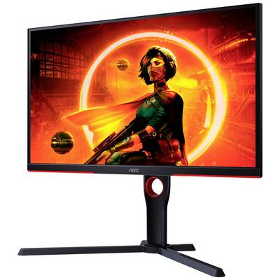 Monitor toont een futuristische vrouw in een oranje-rode cirkel, gewapend, in een sci-fi-omgeving. AOC-merkenlogo zichtbaar.