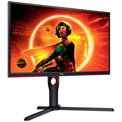 Een monitor met een dynamisch beeld van een futuristische, gemaskerde figuur in een helder oranje-rode omgeving, die energie en technologie uitstraalt.