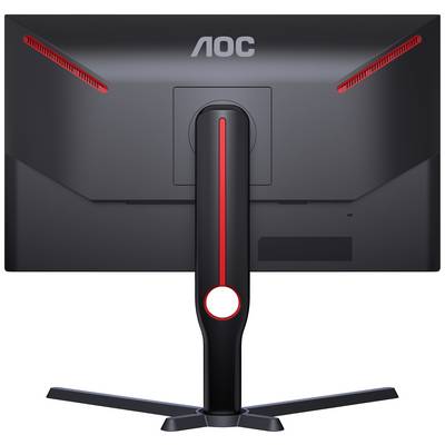 Een zwart computerscherm van achteren, met rode accenten en een stijlvolle standaard, merk AOC.