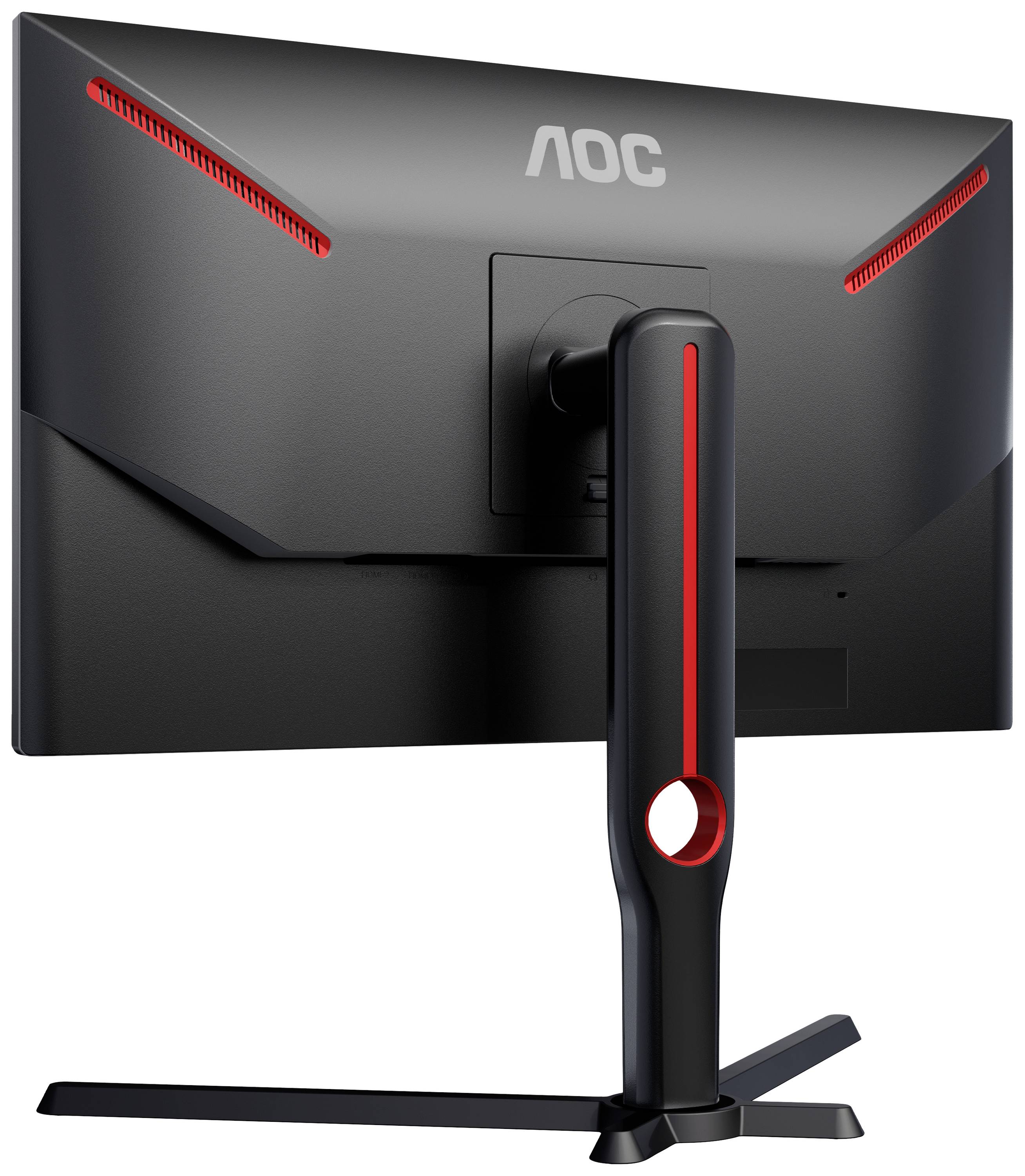 Achterzijde van een gamingmonitor met een zwarte behuizing en rode accenten. De standaard is verstelbaar.