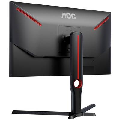 Achterzijde van een gamingmonitor met een zwarte behuizing en rode accenten. De standaard is verstelbaar.