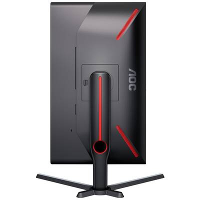 Een zwarte computermonitor van achteren met rode accenten en een stabiele voet.
