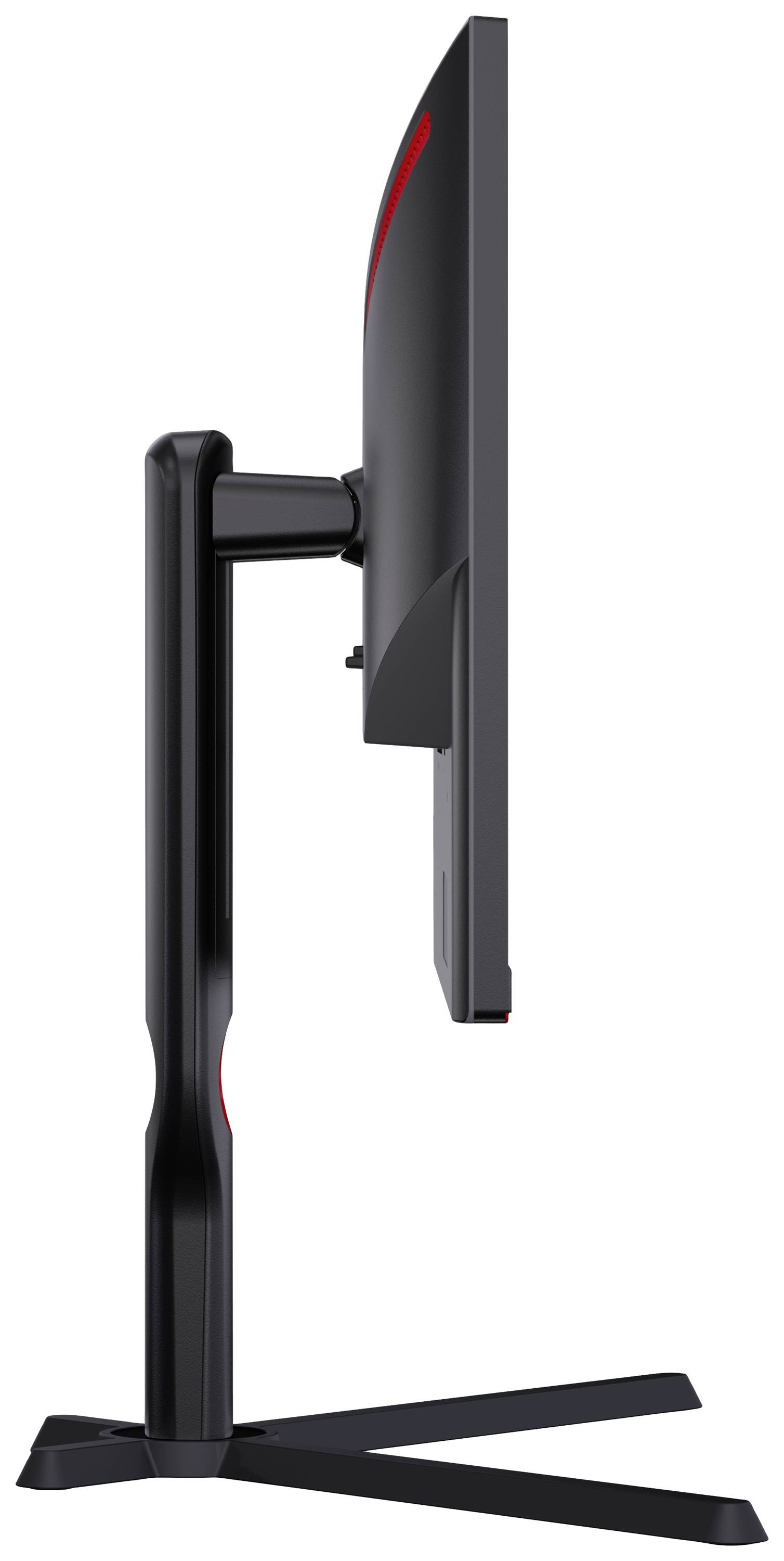 Zijaanzicht van een zwarte computermonitor met een gebogen scherm op een stabiele standaard.