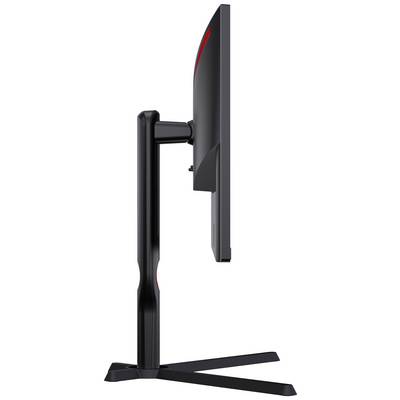 Zijaanzicht van een zwarte computermonitor met een gebogen scherm op een stabiele standaard.
