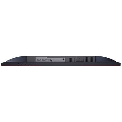 Achteraanzicht van een monitor met meerdere aansluitingen, waaronder HDMI en USB, evenals ventilatiesleuven.