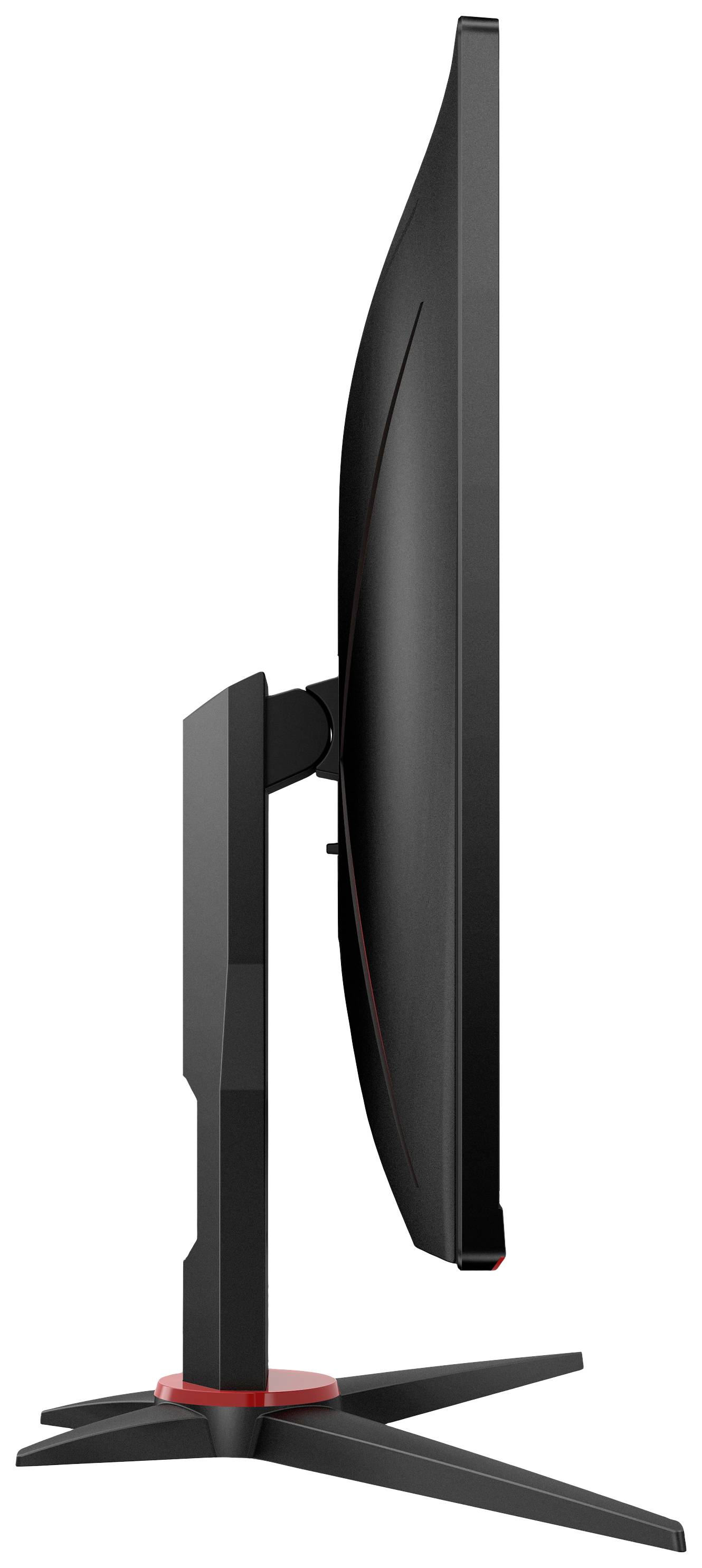 Een zijaanzicht van een slanke computermonitor met een gebogen scherm en een stabiel, ergonomisch onderstel.