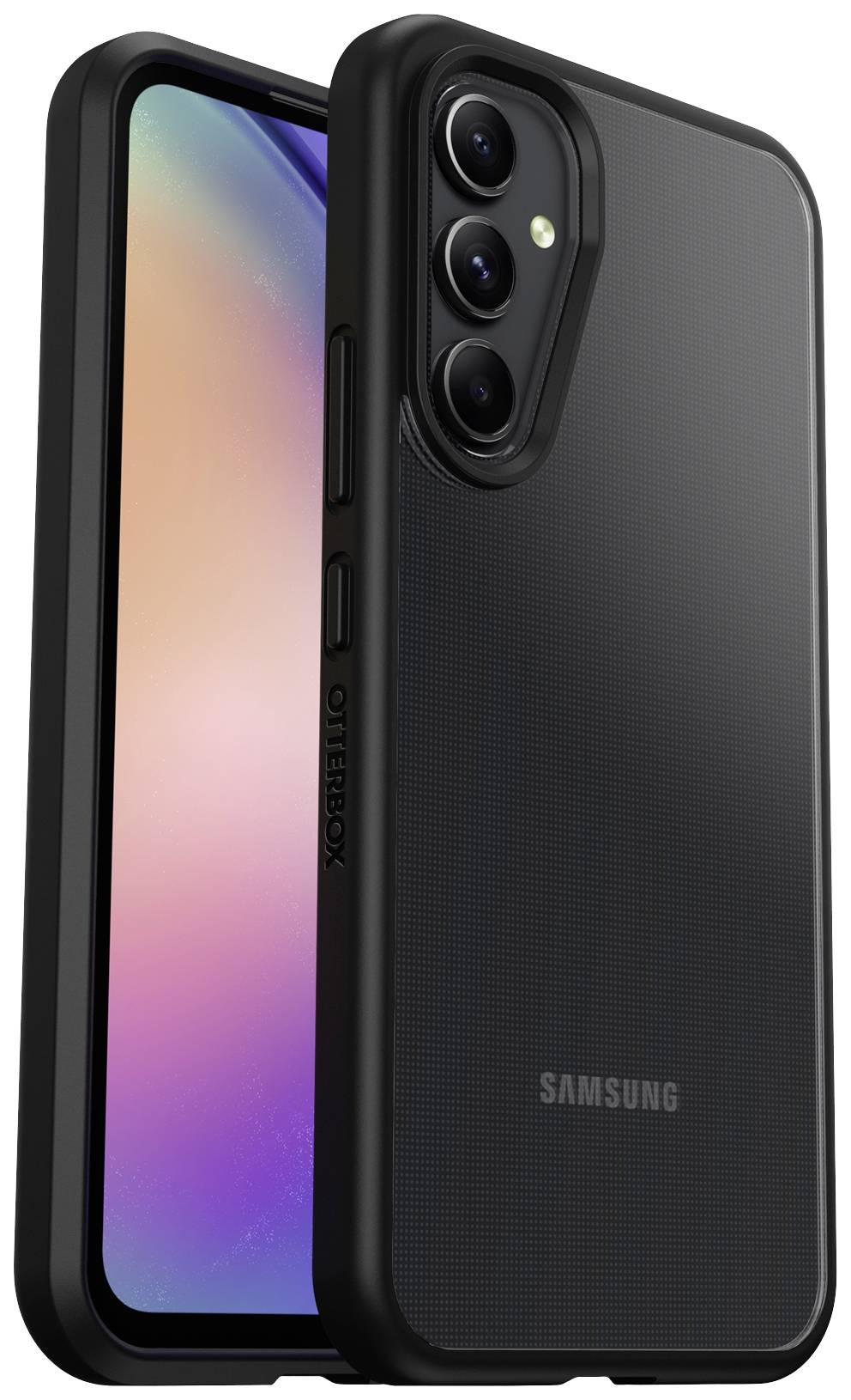 Een zwarte Samsung-smartphone met beschermhoes. Links de achterkant met camera's, rechts het display met gekleurde achtergrond.