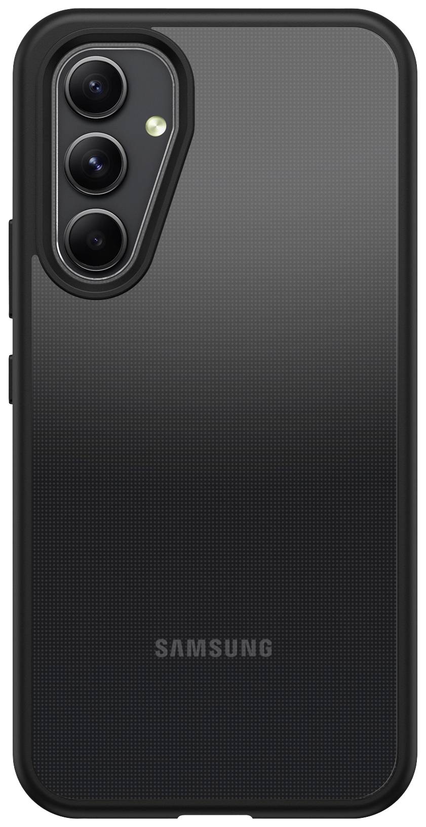 'Donkere smartphone met drie camera's aan de achterkant en het opschrift 'Samsung'.'