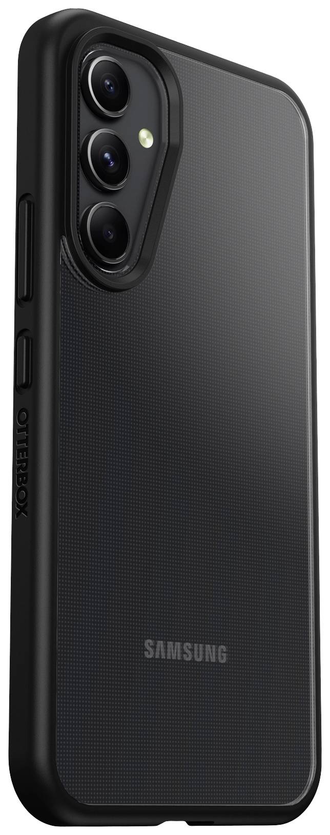 Een zwart smartphonehoesje met drie cameralenzen. Het hoesje is van het merk OtterBox voor een Samsung-apparaat.