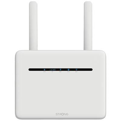 WLAN-router met twee antennes en vijf statuslampjes: SYS, RF, WiFi, ETH, NET. Markering 'STRONG' onderaan de voorkant.