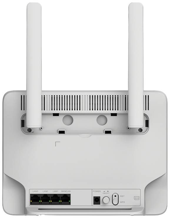 Een witte WLAN-router met twee antennes, vier LAN-poorten en bedieningselementen voor stroom en WPS. Achteraanzicht.