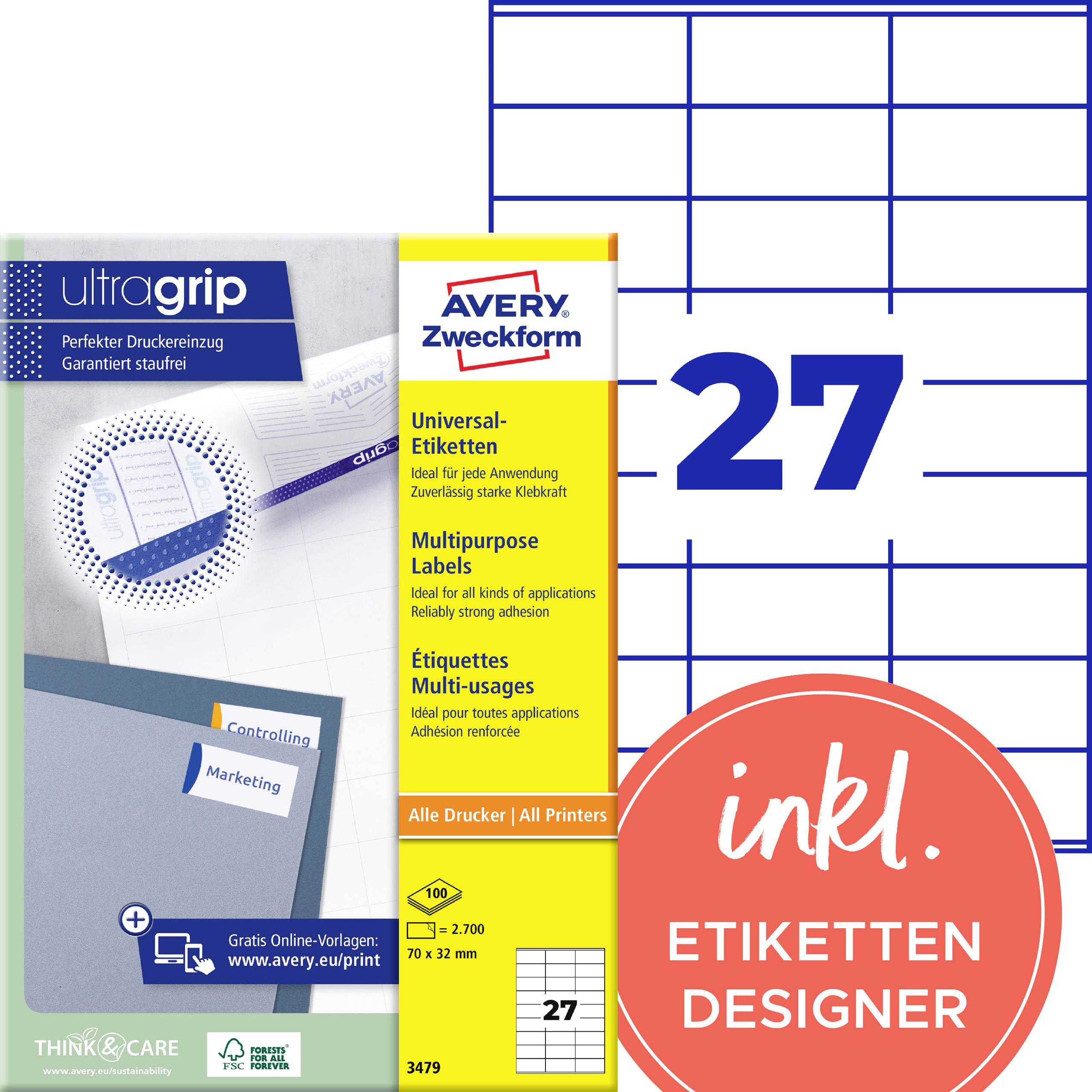 Afbeelding van Avery Zweckform universele etiketten, verpakking van 2.700 witte zelfklevende etiketten, formaat 70 x 32 mm, blaadnummer 27, met inbegrepen etiketontwerpsoftware.
