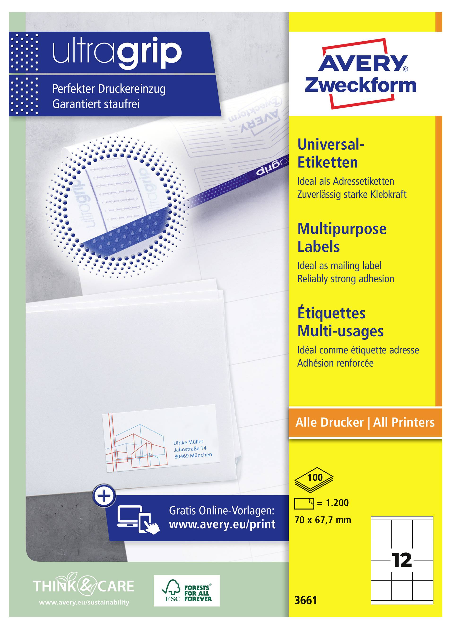 Avery Zweckform UltraGrip universele etiketten verpakking met blauw-en-geel merk, met printer invoer, etiketblad en productdetails voor alle printers.
