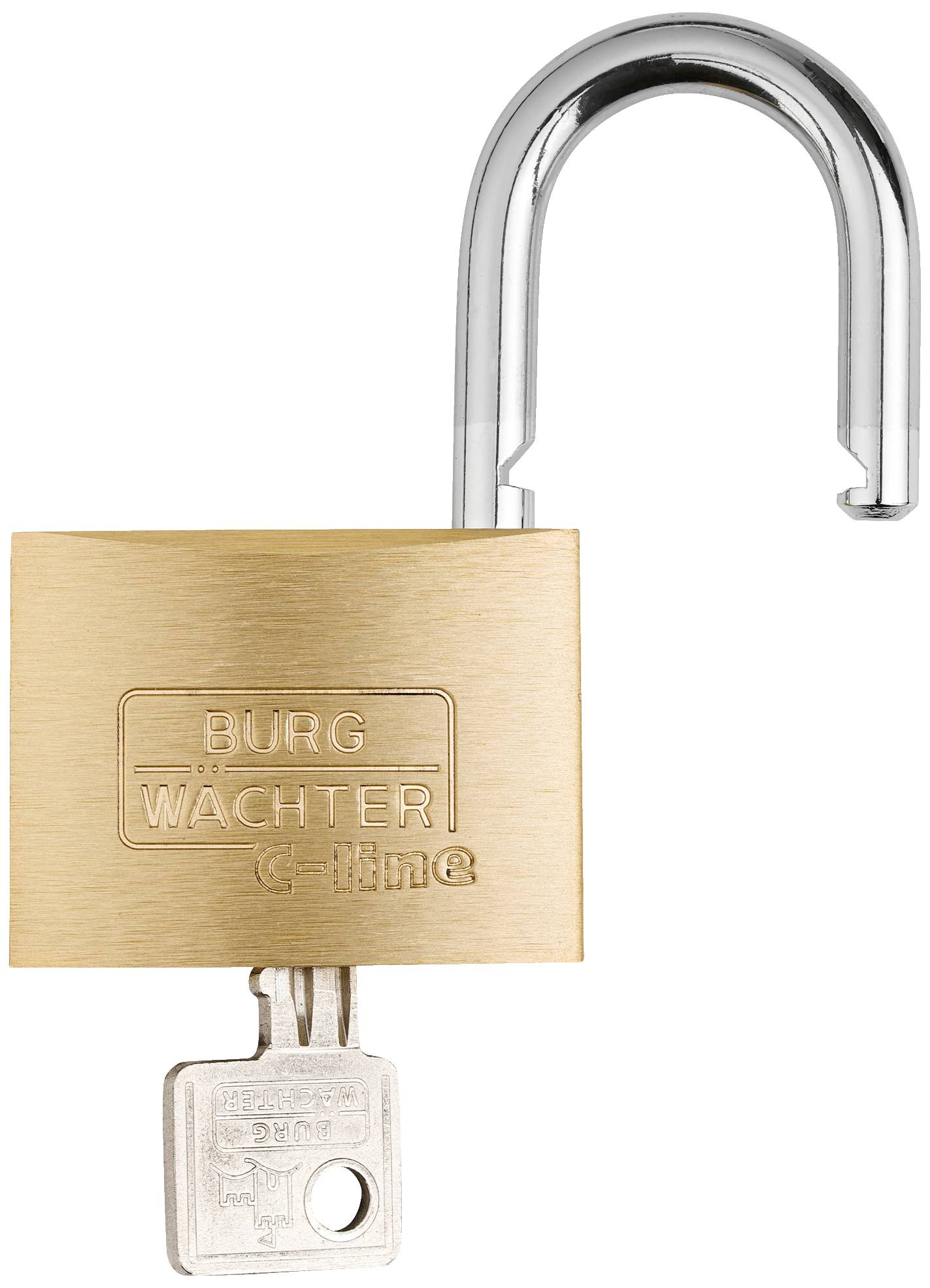 Een open hangslot met de sleutel erin gestoken. De goudkleurige slotbehuizing draagt de tekst 'BURG WÄCHTER'.