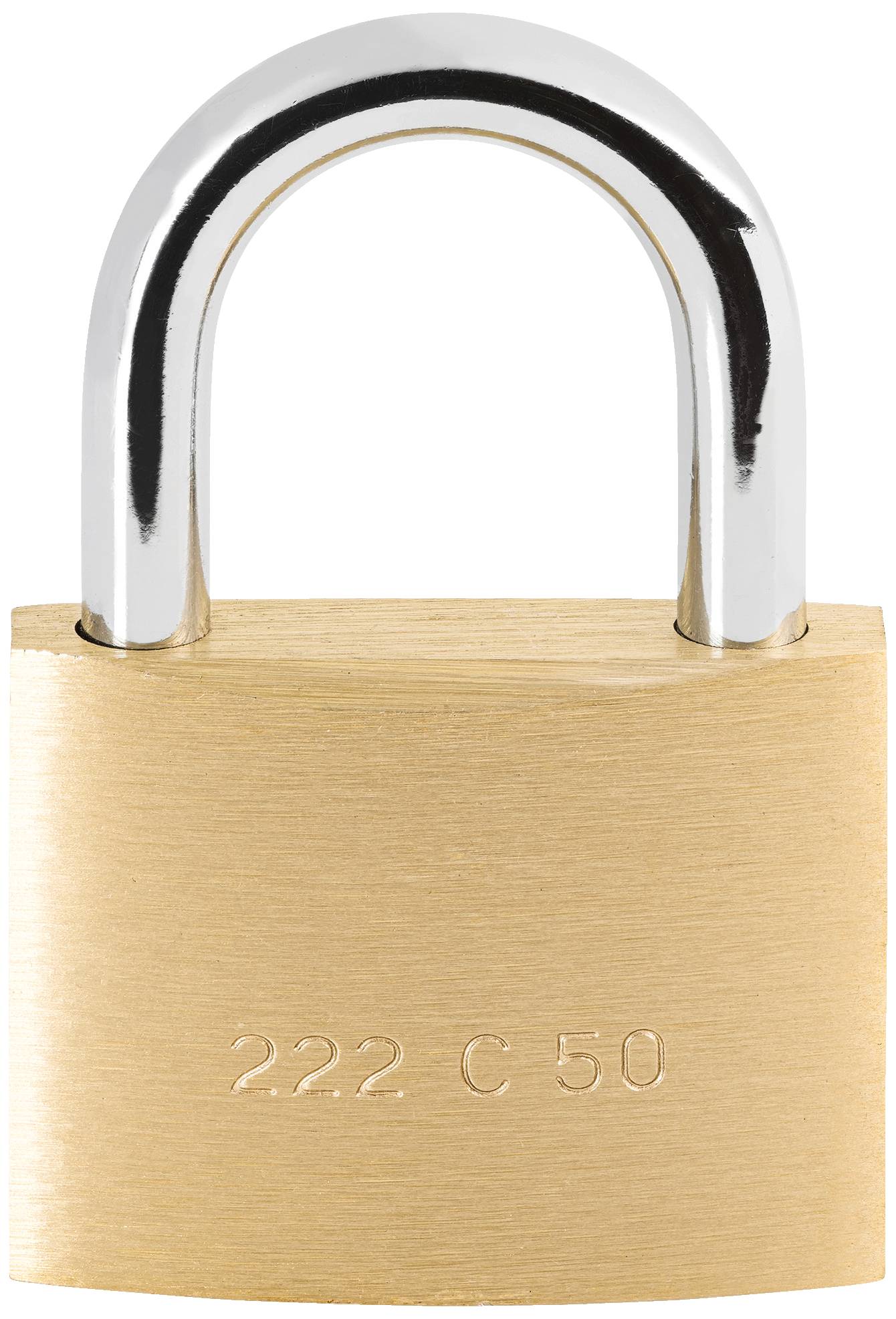 Een gouden hangslot met de gravure '222 C 50' op de voorkant. Het heeft een glanzende, zilveren beugel.