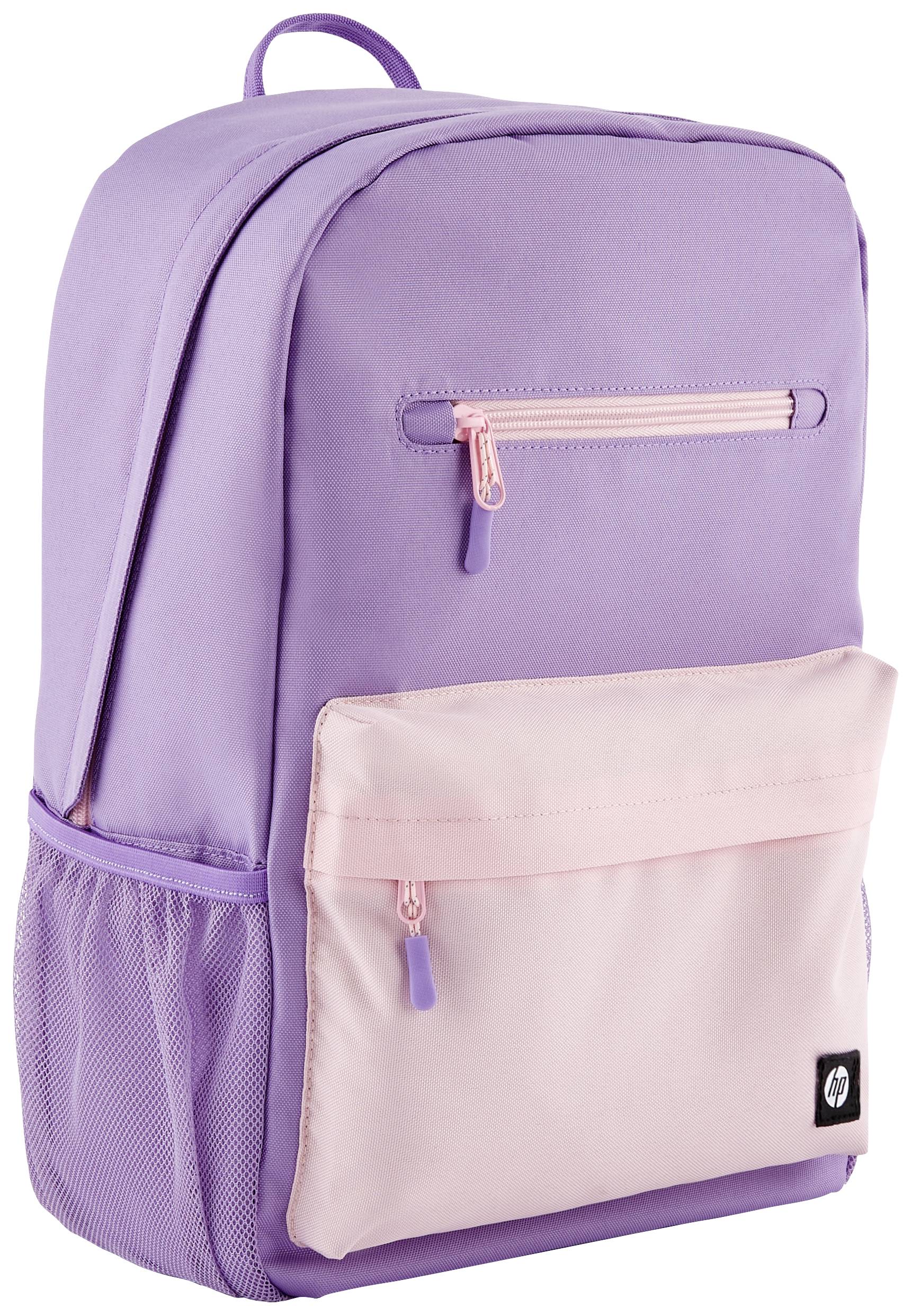 Een paarse en roze rugzak met twee ritsvakken, een zijzak en een handgreep bovenaan.