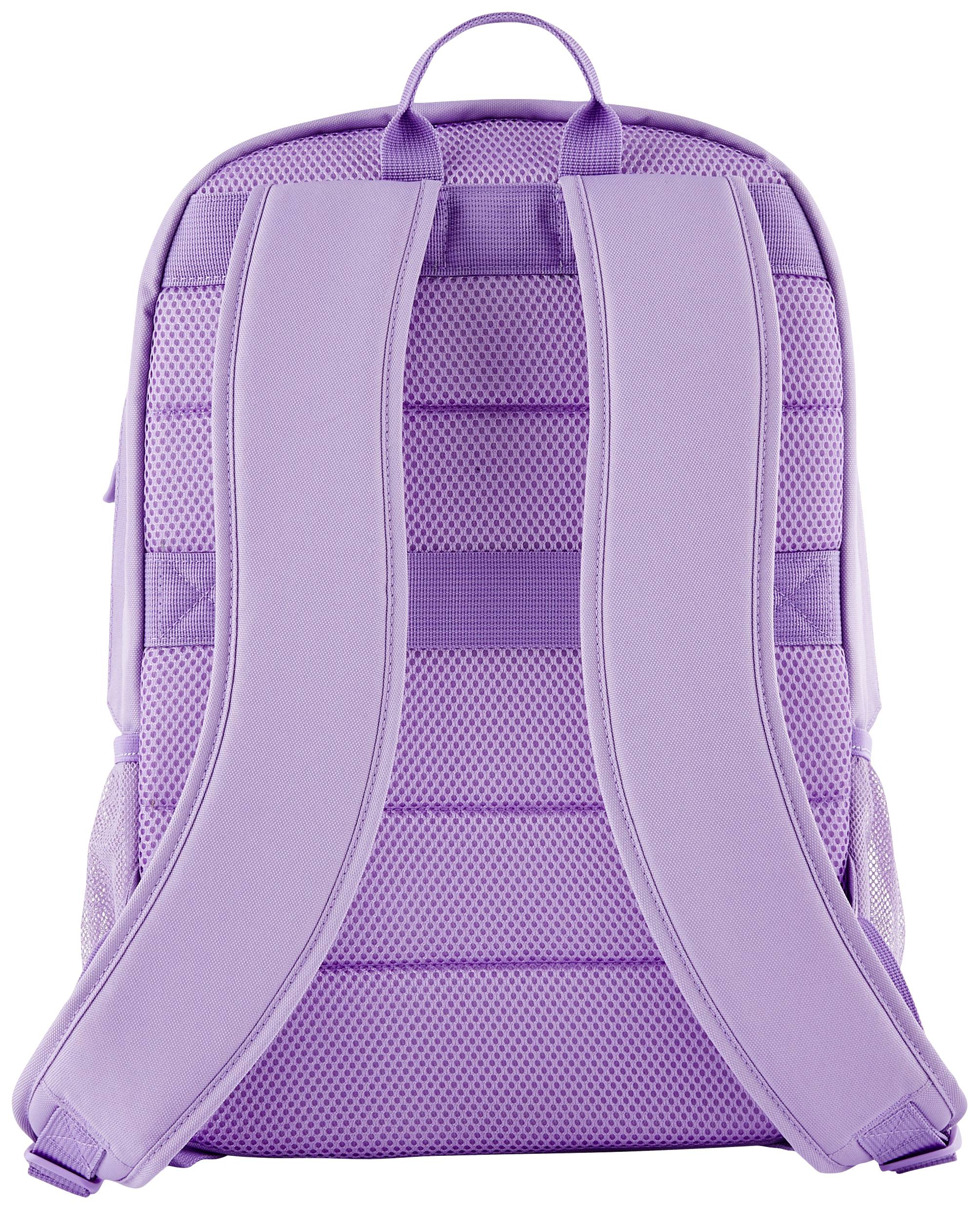 Een paarse rugzak van achteren, met gewatteerde, verstelbare draagriem en een bovengreep. Mesh-ontwerp voor ventilatie.