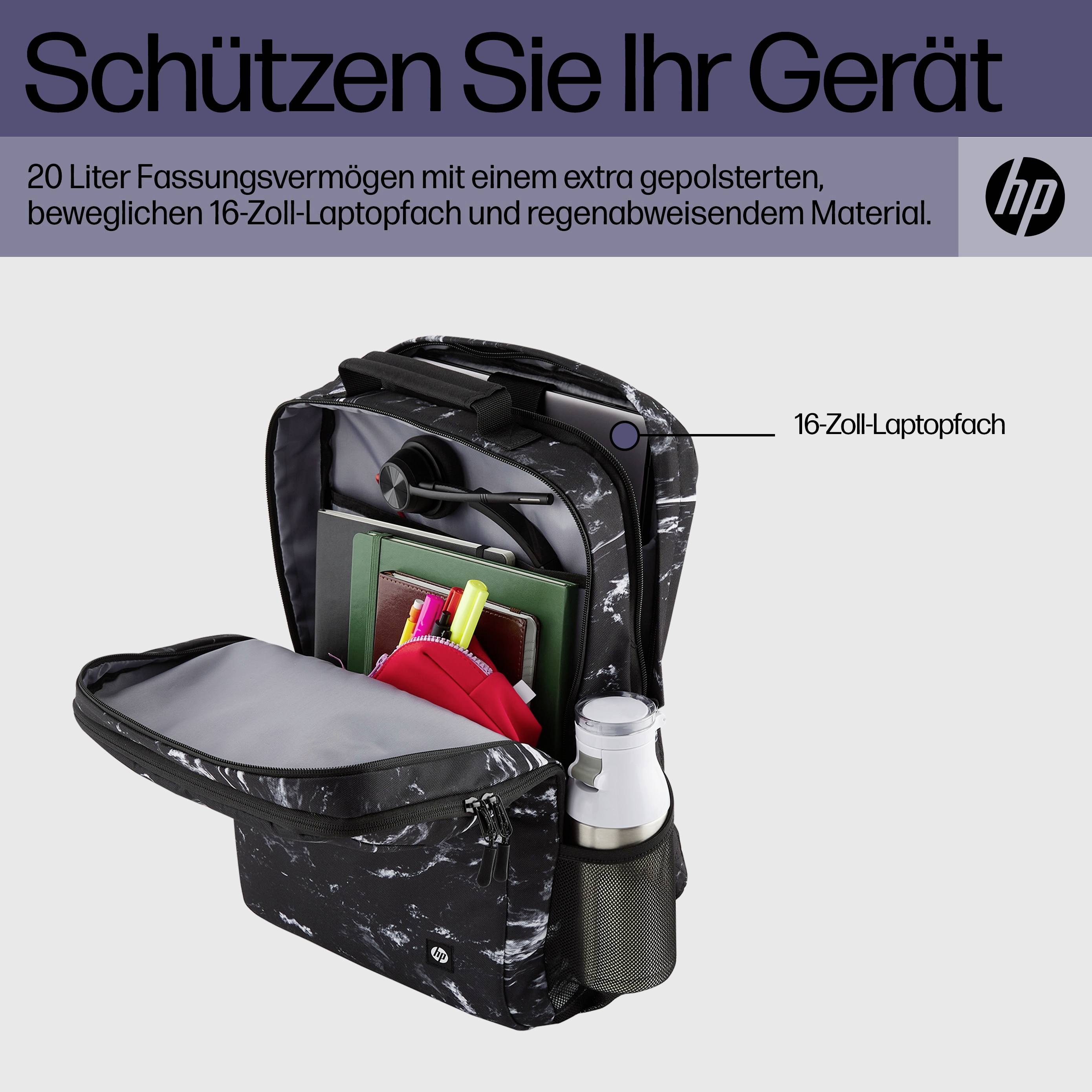 'Bescherm uw apparaat' – 20-liter rugzak met gewatteerd 16-inch laptopvak en waterafstotend materiaal.