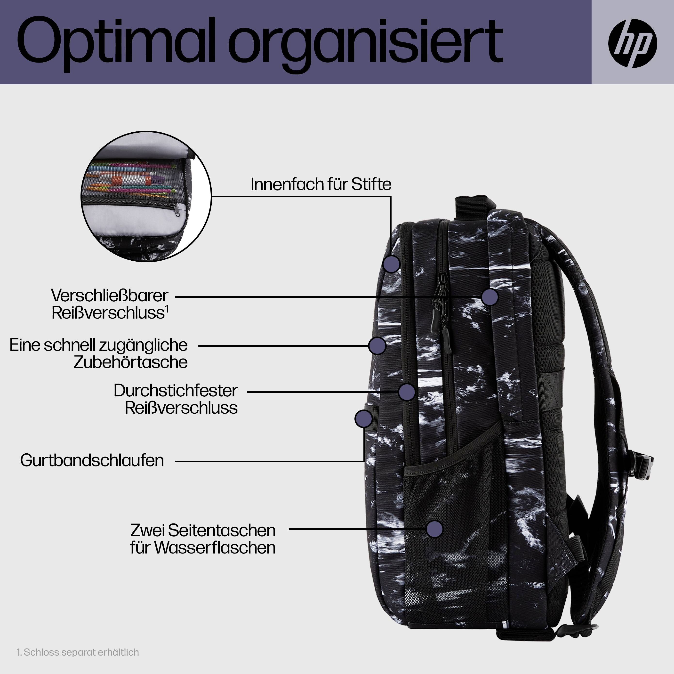 Op de afbeelding staat een rugzak met een geopend binnenvak voor pennen, inclusief zijvakken, ritsen en een draagband. Titel: 'Optimaal georganiseerd'.