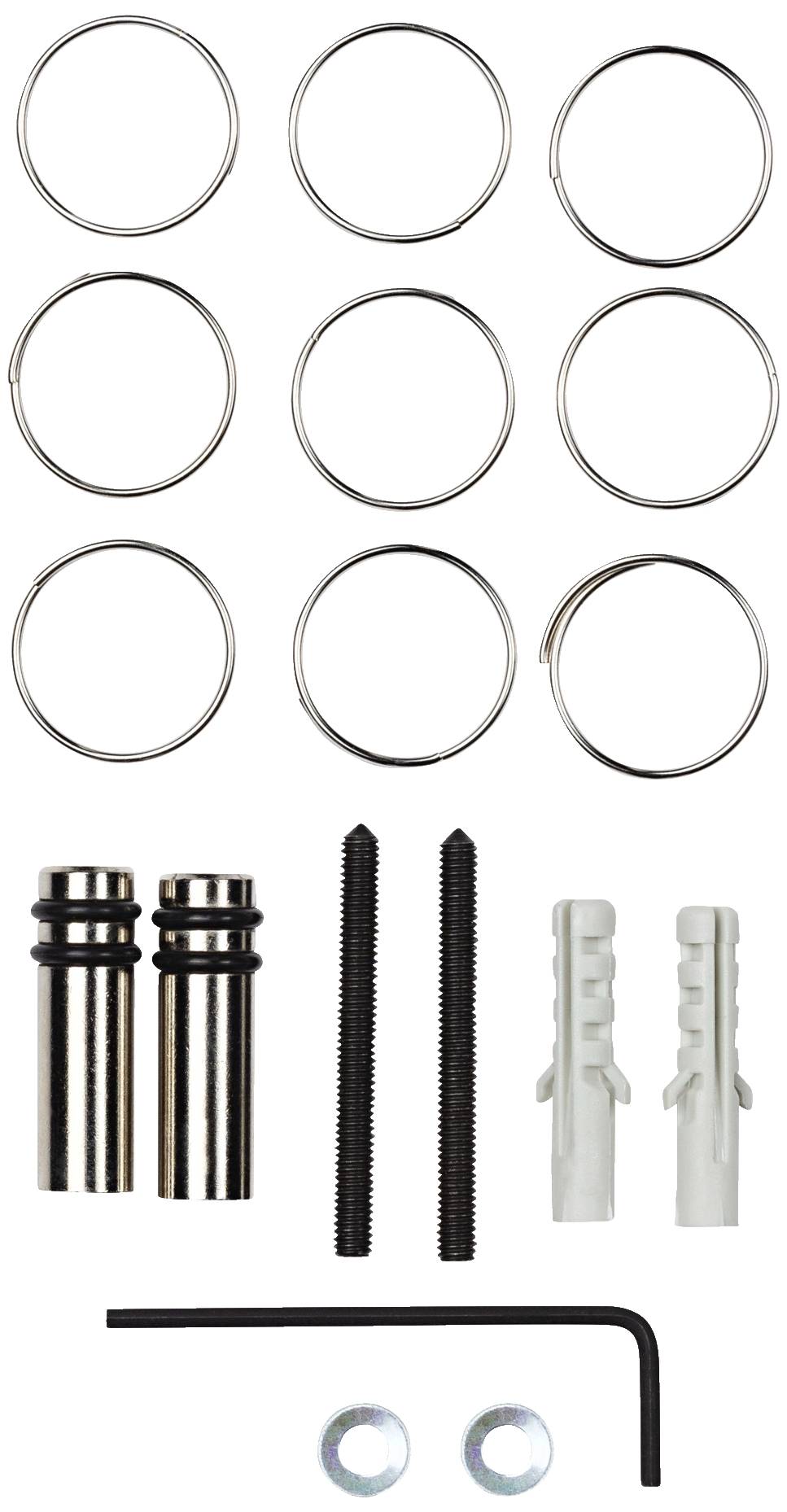 Een set bestaande uit metalen ringen, twee metalen cilinders, twee schroeven, twee pluggen, twee sluitringen en een inbussleutel.