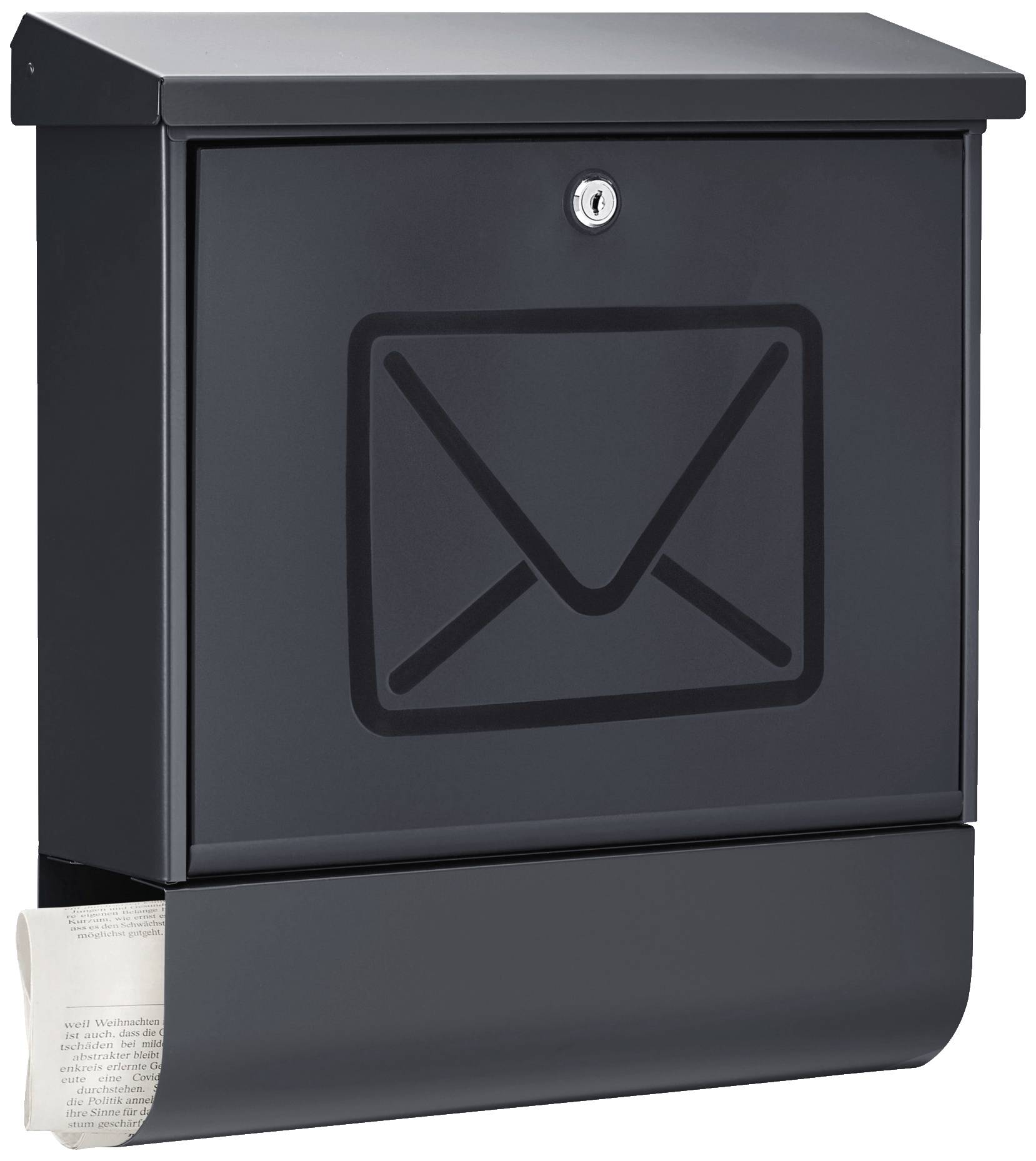 Een zwarte brievenbus met een krantenlade onderaan. Op de voorkant is een symbool van een envelop afgebeeld.