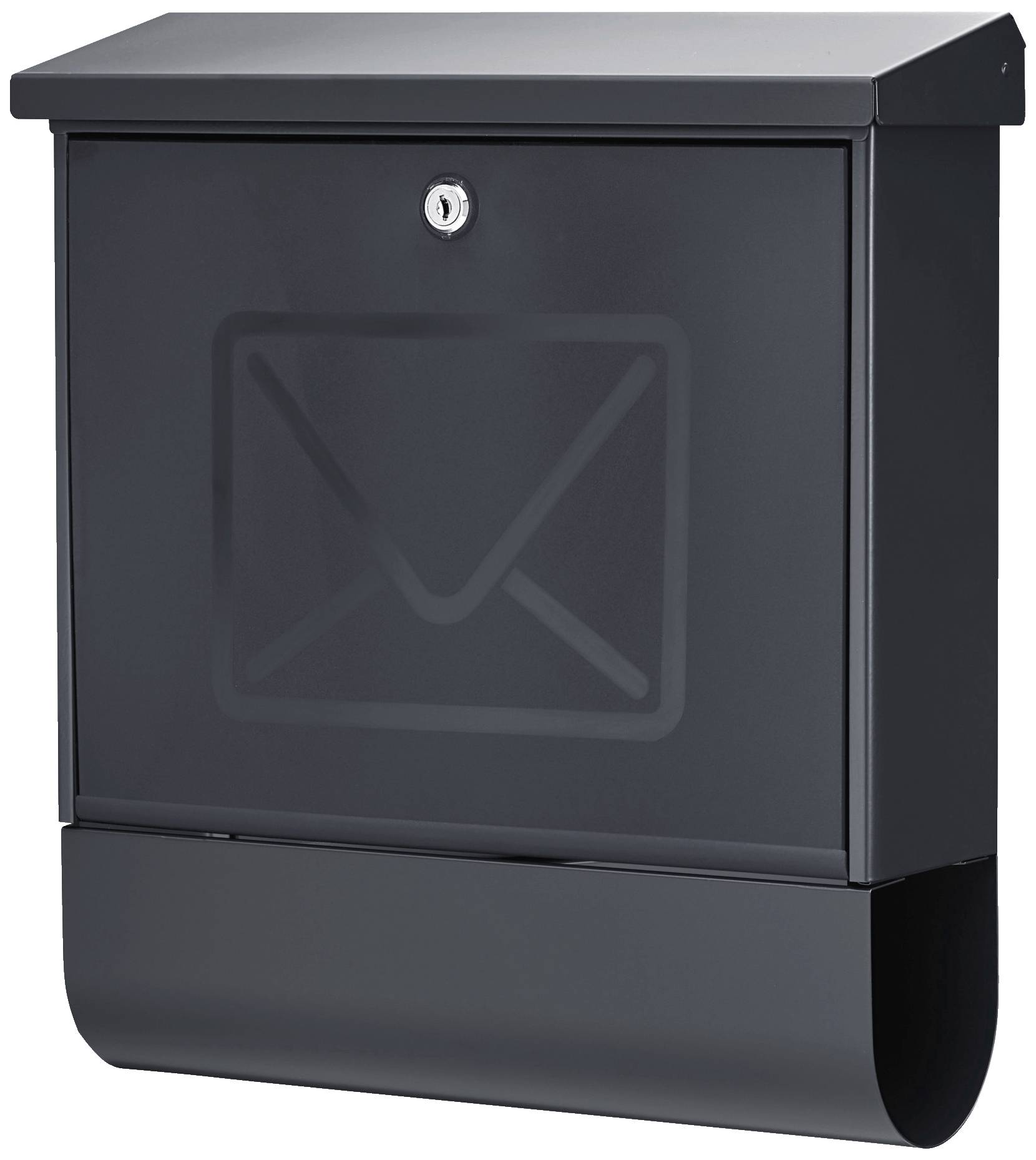 Zwarte brievenbus met slot en geëmbosseerd envelopje-symbool aan de voorkant.
