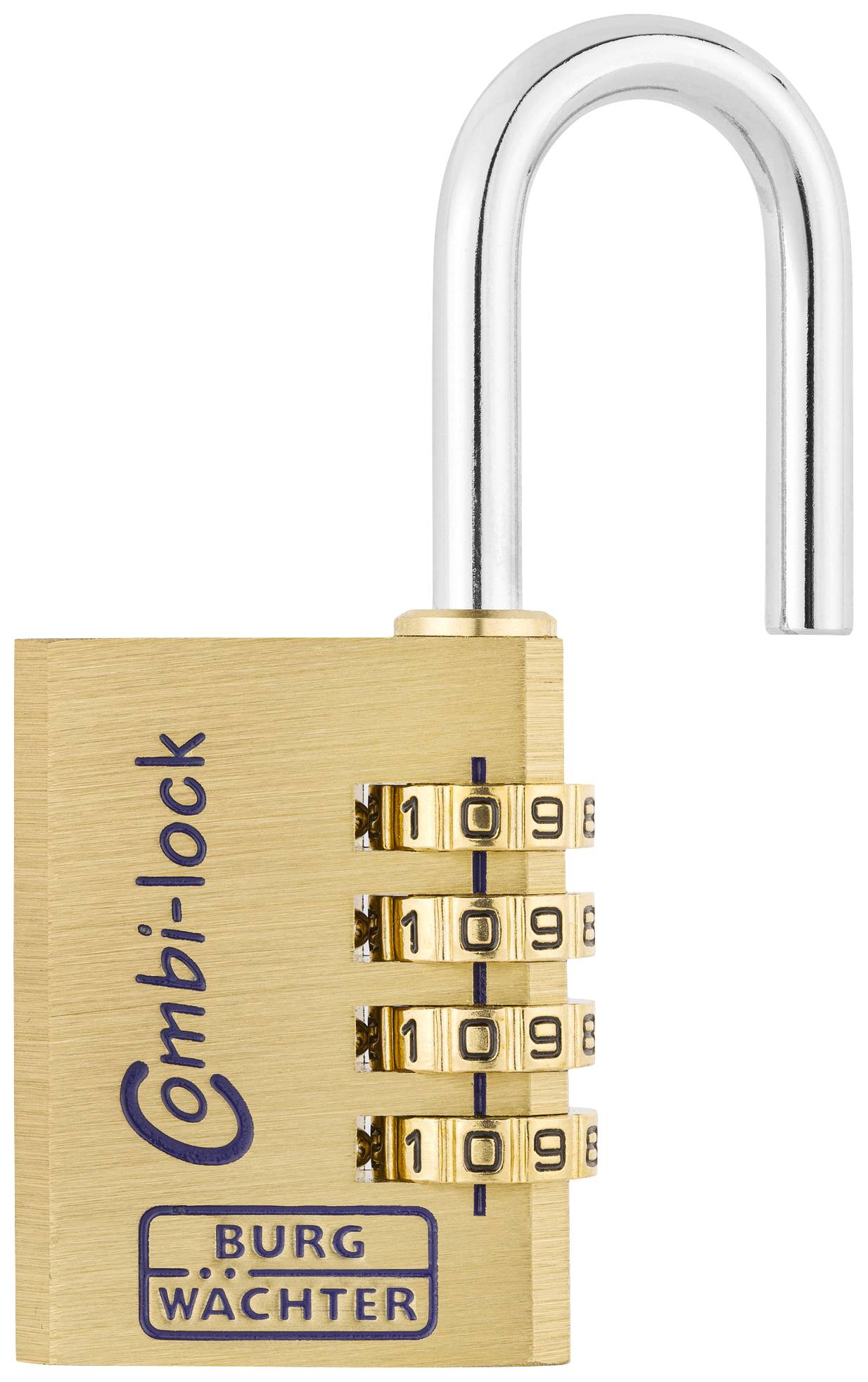 Een open, messing combinatieslot met het opschrift 'Combi-lock' en 'Burg Wächter'.