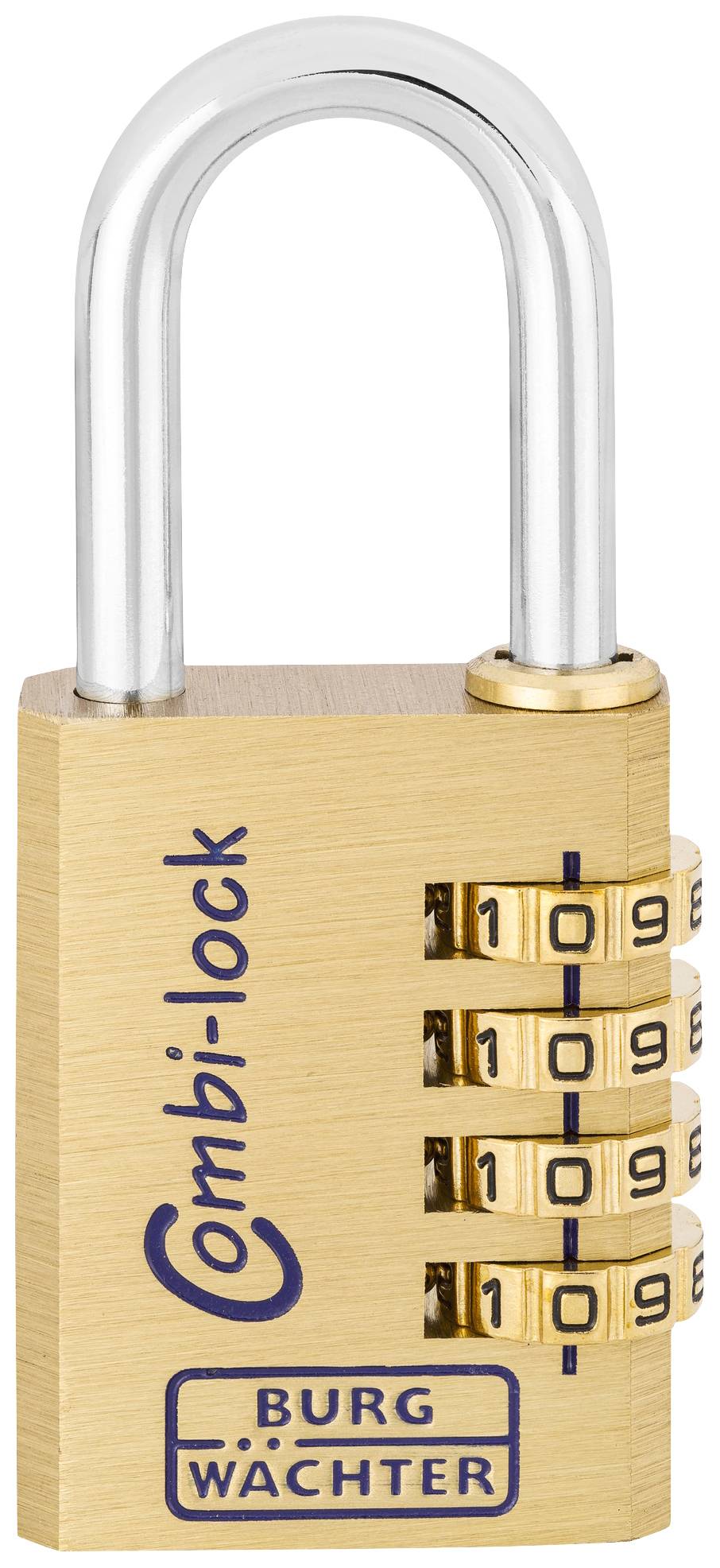 Een hangslot met nummerslot, gemerkt als 'Combi-lock' van 'Burg Wächter', toont de nummercode 0-9-6-5.