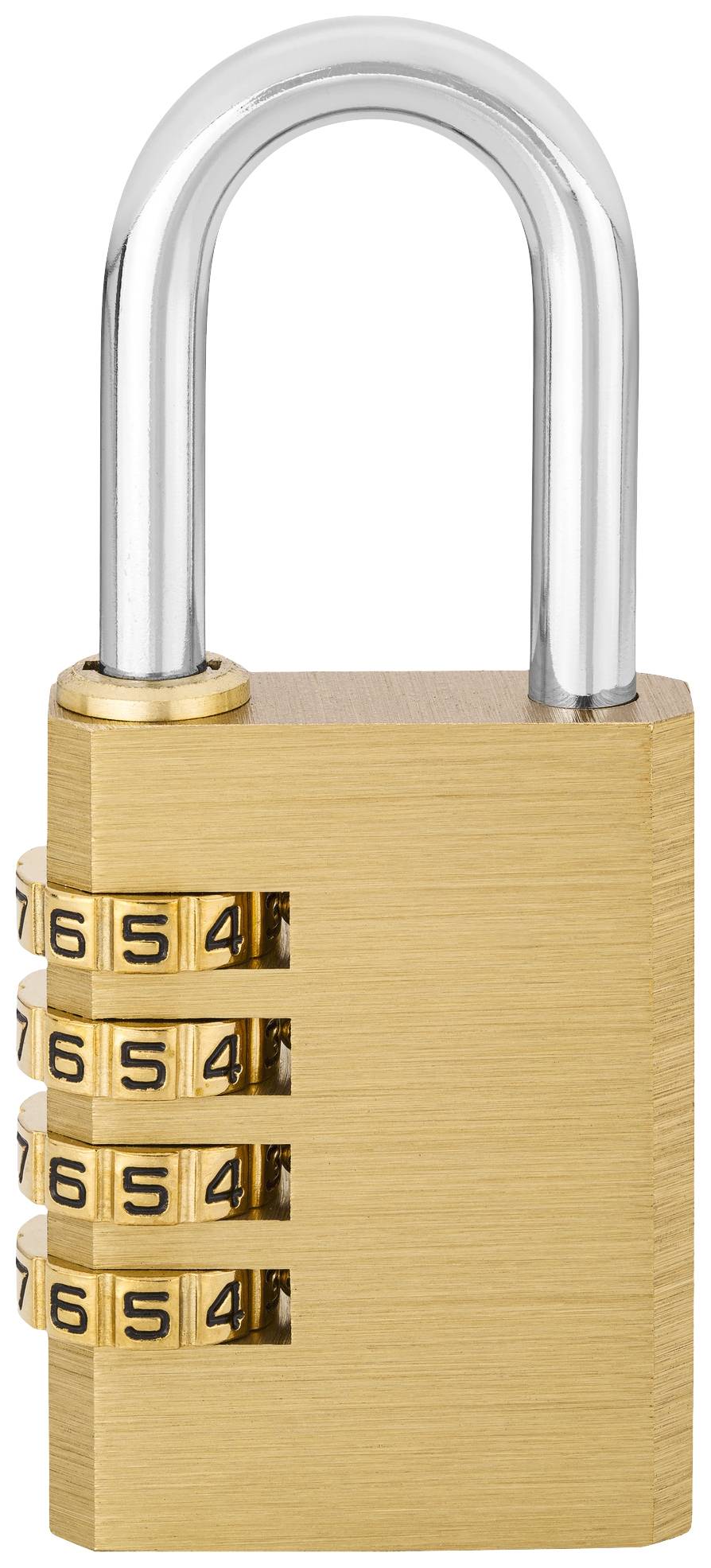 Hangslot met een viercijferige nummercode, vergrendeld. Goudkleurige behuizing met zilveren beugel.