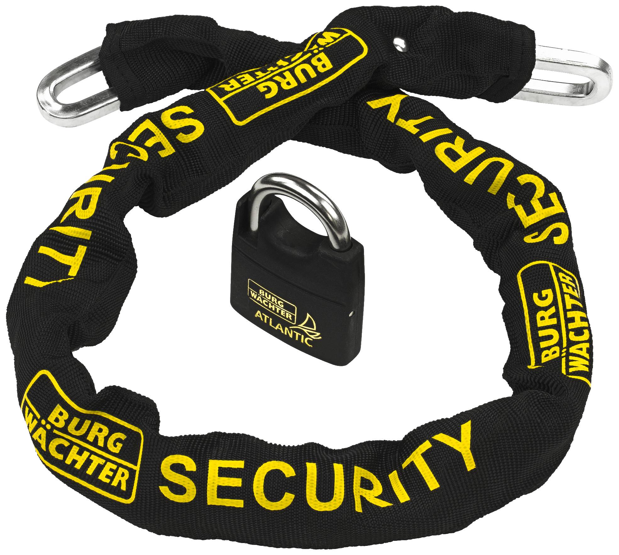 Zwart veiligheidsslot met gele opdruk 'Security' en 'Burg Wächter' aan een ketting, geschikt voor het beveiligen van voorwerpen.
