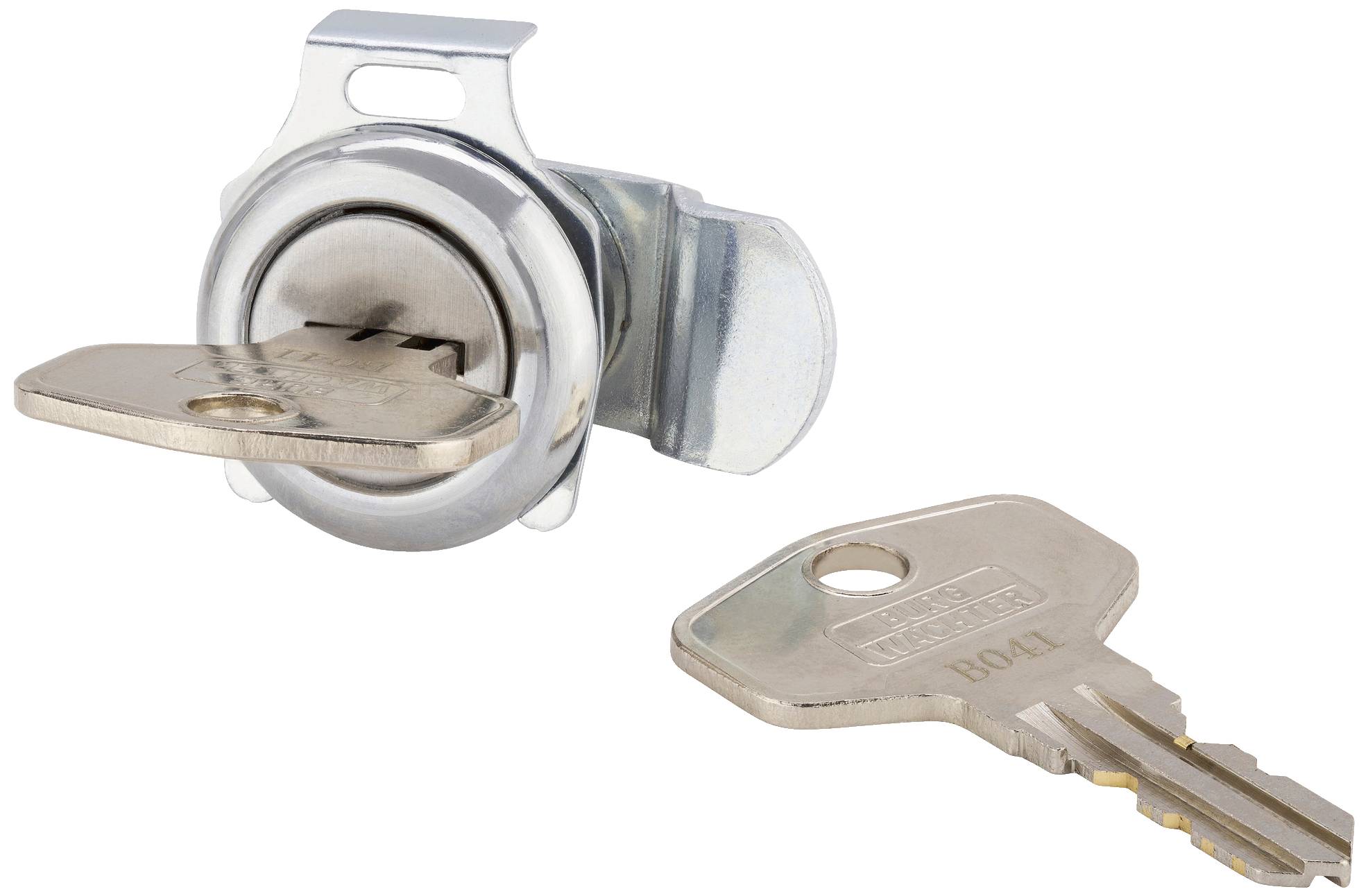 Een cilinderslot met een ingestoken sleutel en een extra liggende sleutel op een witte ondergrond.