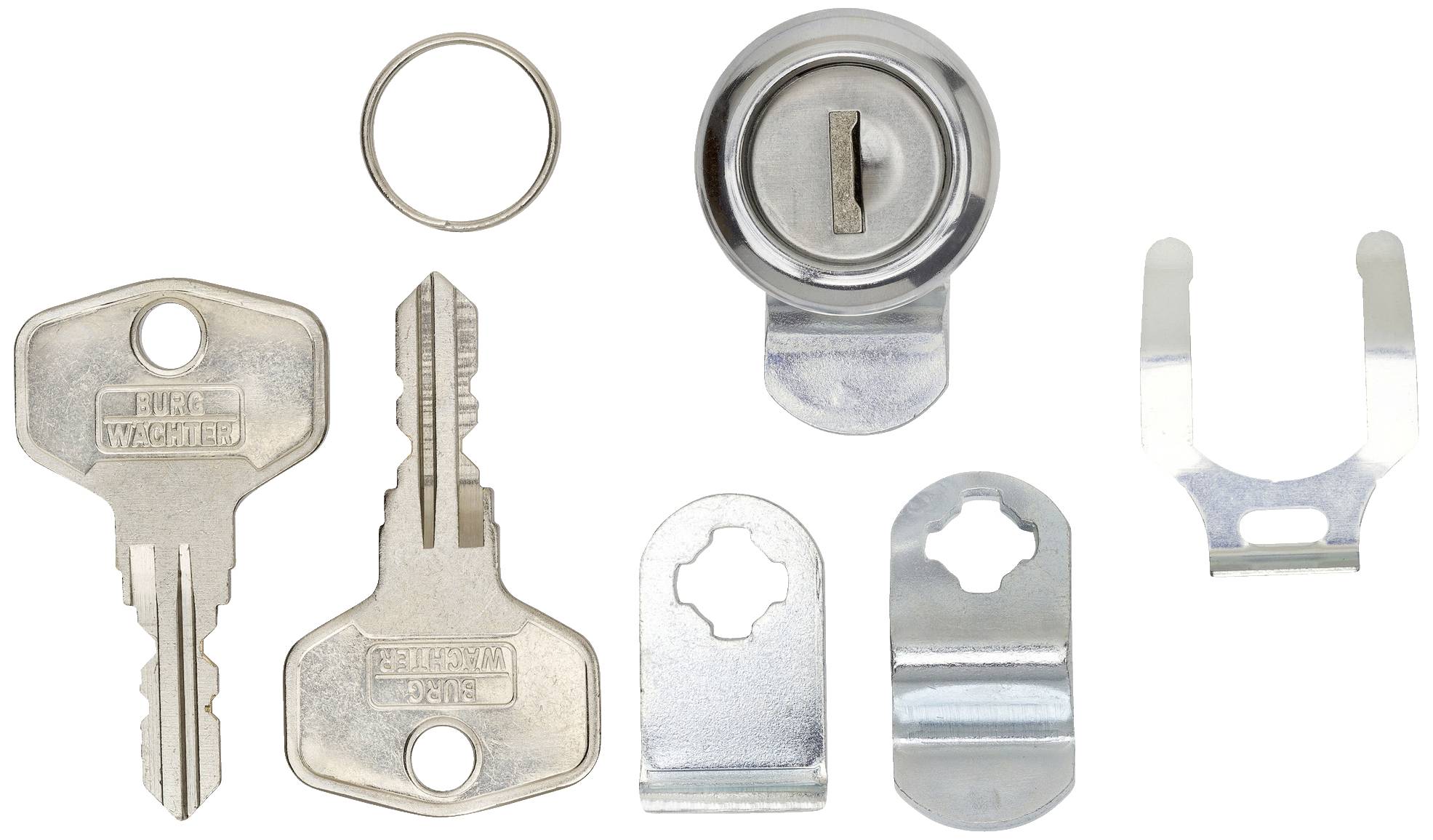 Een set van zeven slot- en sleutelonderdelen, waaronder twee sleutels, een cilinder en metalen bevestigingen, op een witte achtergrond.