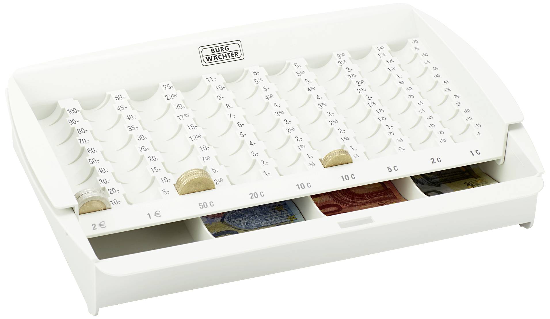 Munteltafel met vakken voor euromunten en biljetten, toont verschillende muntsoorten in geordende rijen.