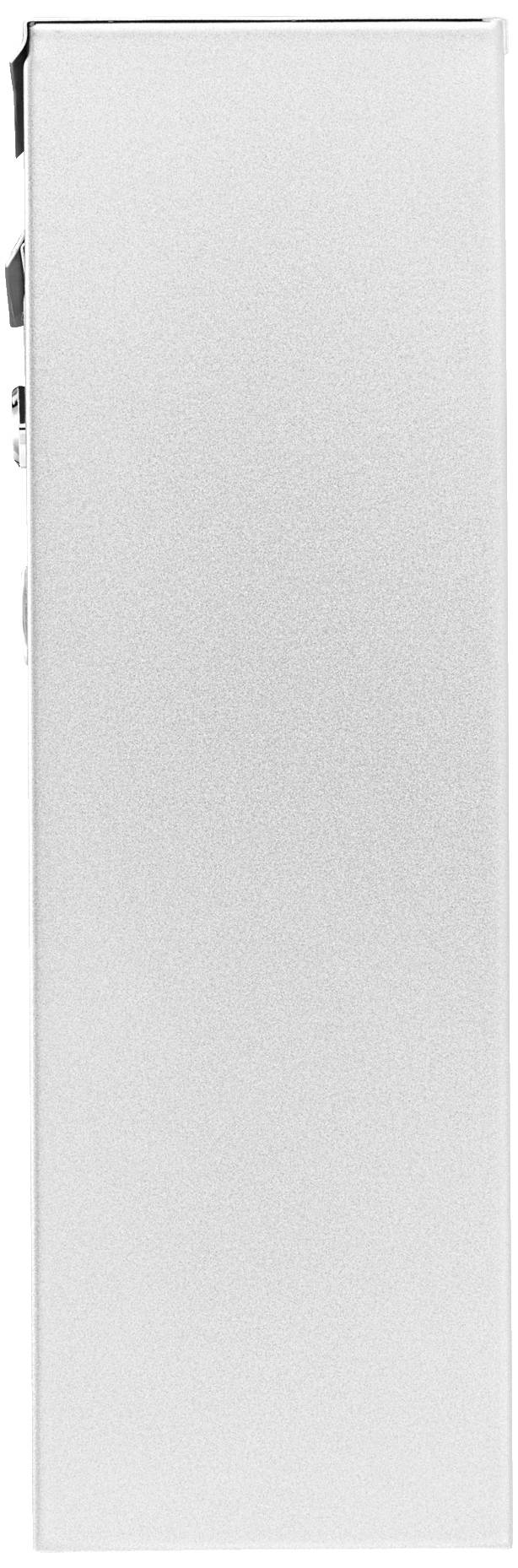 Zilveren metalen zuil die verticaal staat, op een witte achtergrond. Geen aanvullende details of herkenbare functies.