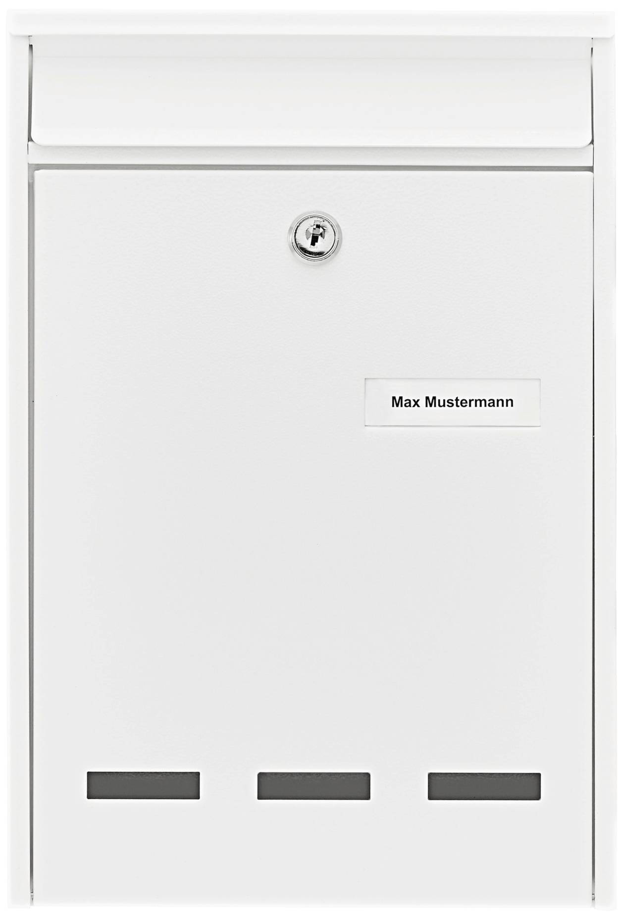 Witte brievenbus met naambordje 'Max Mustermann' aan de voorkant.
