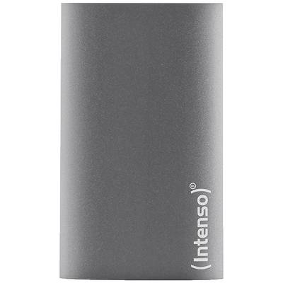 Een grijze powerbank met het merknaam 'Intenso' verticaal gedrukt, een eenvoudige cilindrische vorm zonder zichtbare aansluitingen.