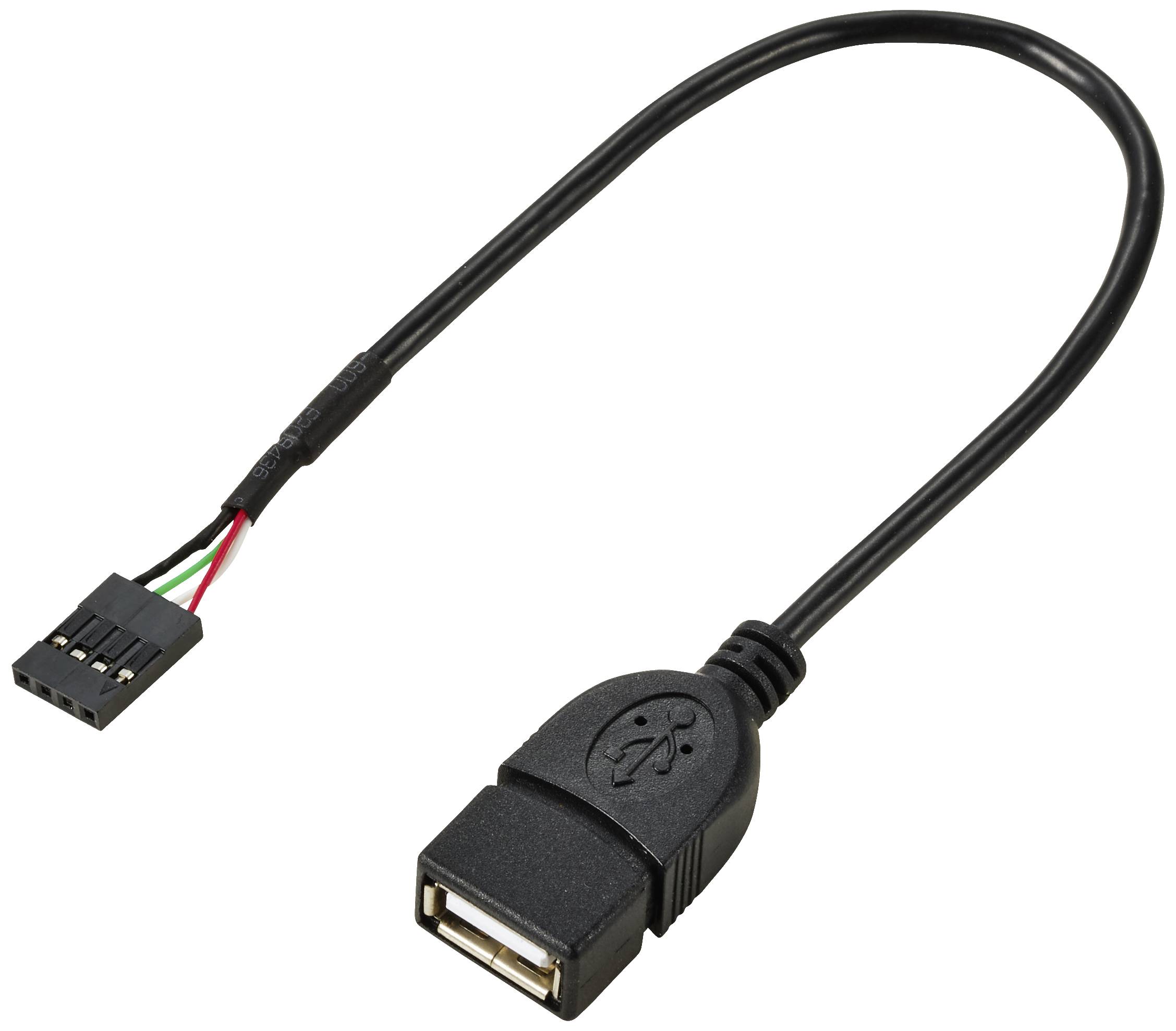 Een USB-adapterkabel met een 4-pins aansluitstuk aan de ene kant en een USB-vrouwelijke aansluiting aan de andere kant.