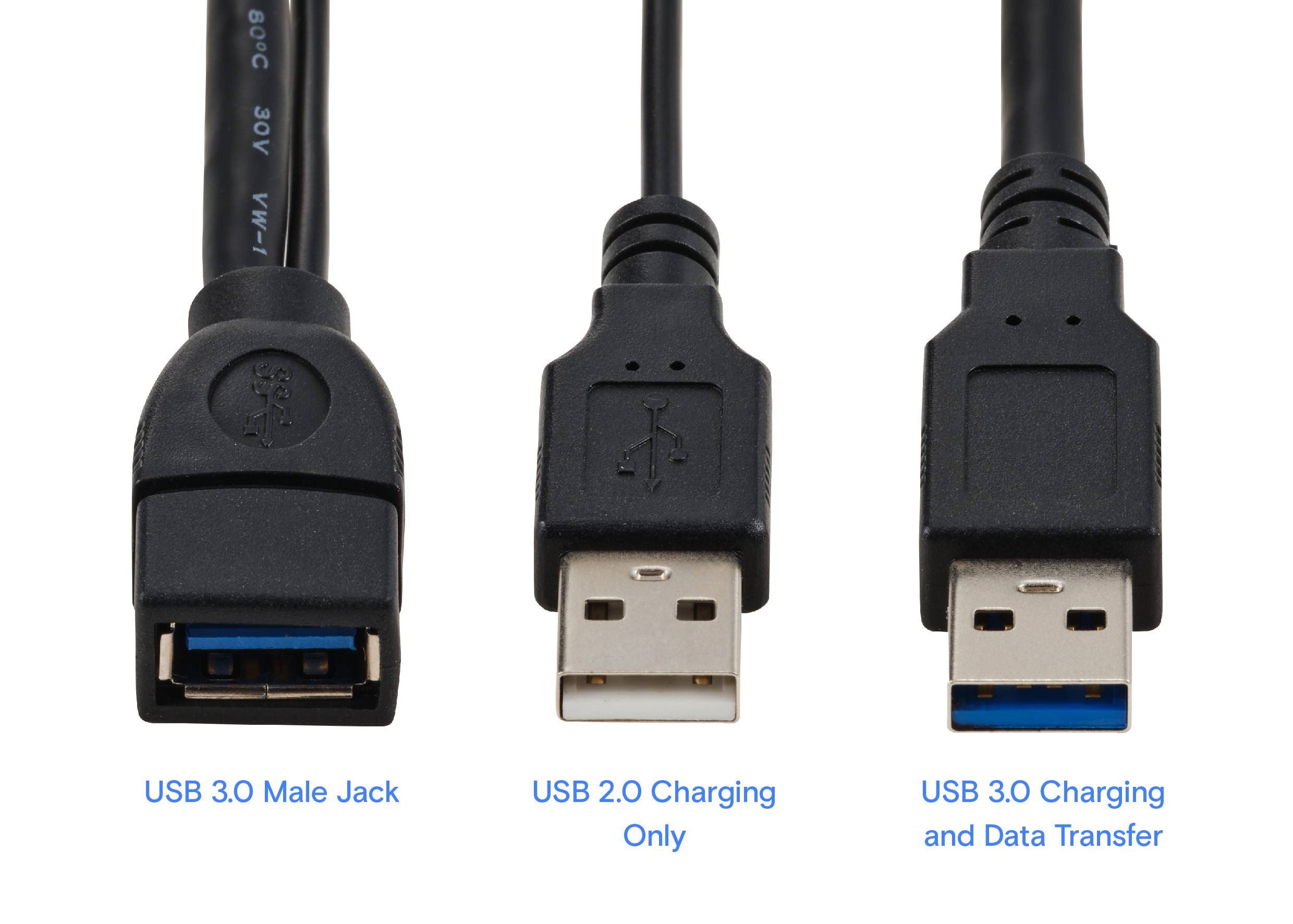 Drie USB-kabels: links USB 3.0-stekker, in het midden USB 2.0 alleen voor opladen, rechts USB 3.0 voor opladen en gegevensoverdracht.