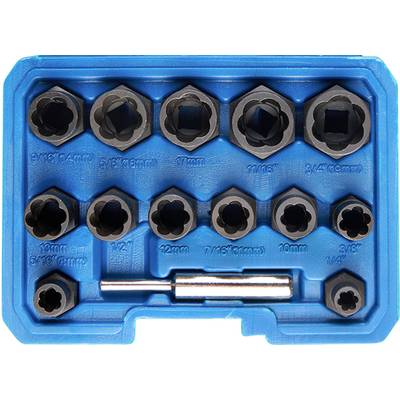 Een blauwe etui bevat 10 schroevendraaiers in verschillende maten en een zilveren adapter, voor het verwijderen van beschadigde schroeven.